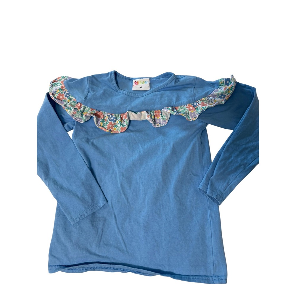 Jellybean Girls Blue Long Sleeve Top Floral Ruffle Trim Cotton Size 12